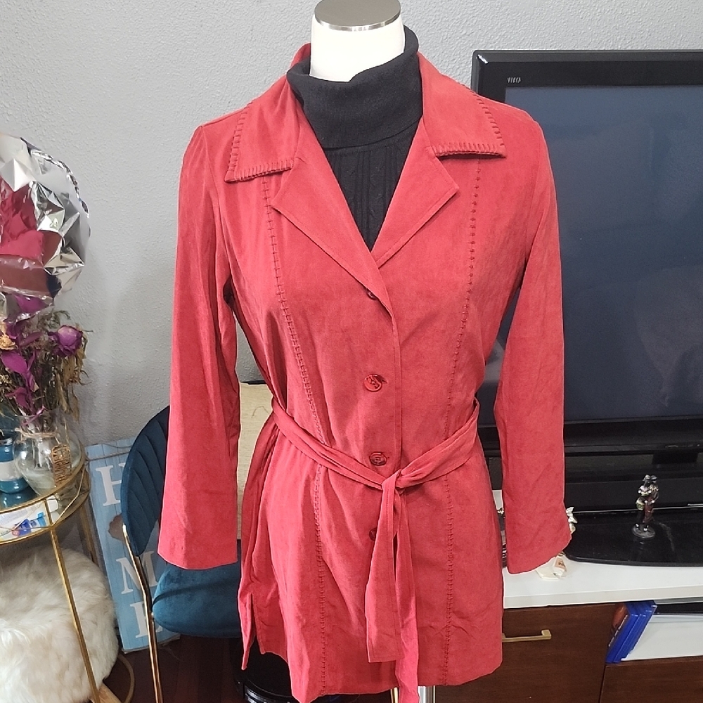 Susan Graver Spice 3/4 Trench Coat Lightweight Whipstitch Looks Like Suede Sz. S